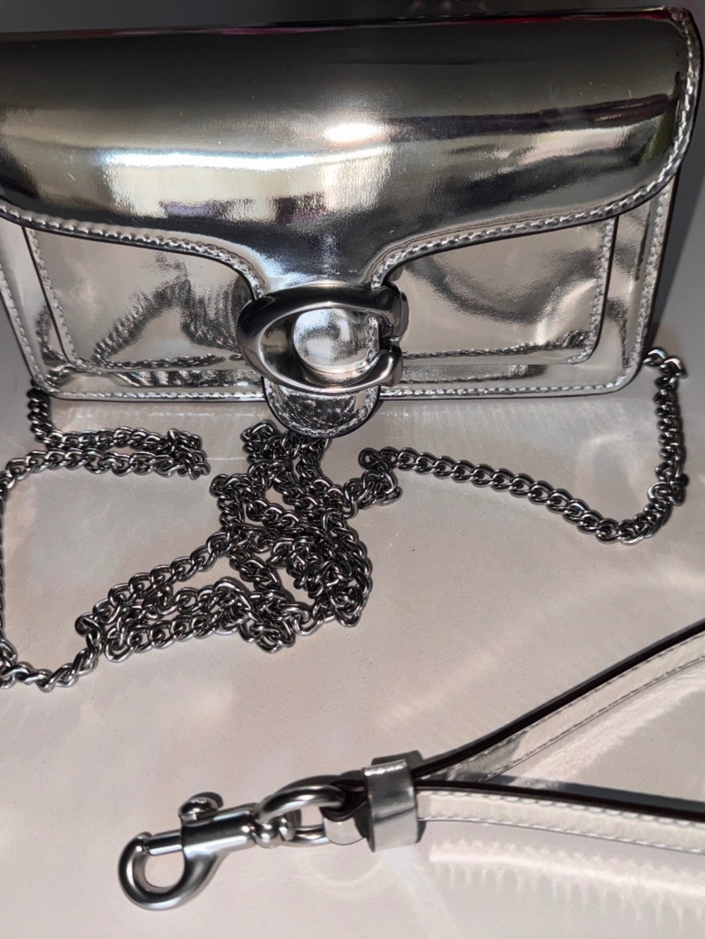 Coach Tabby Metallic Silver Leather Crossbody Wristlet - Picture 2 of 11